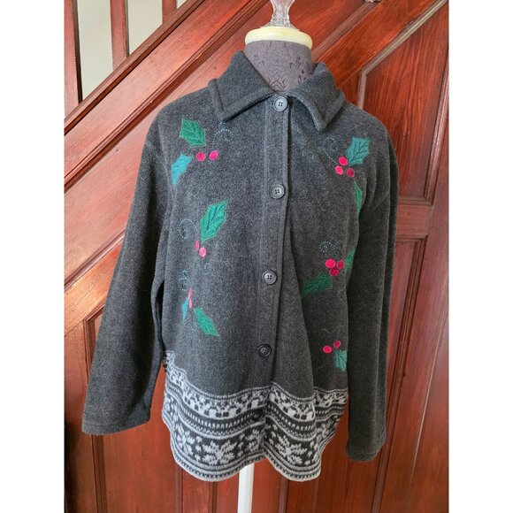 Talbots Womens Medium Wool Christmas Cardigan Embroidered Holly & Nordic Pattern - Picture 1 of 9